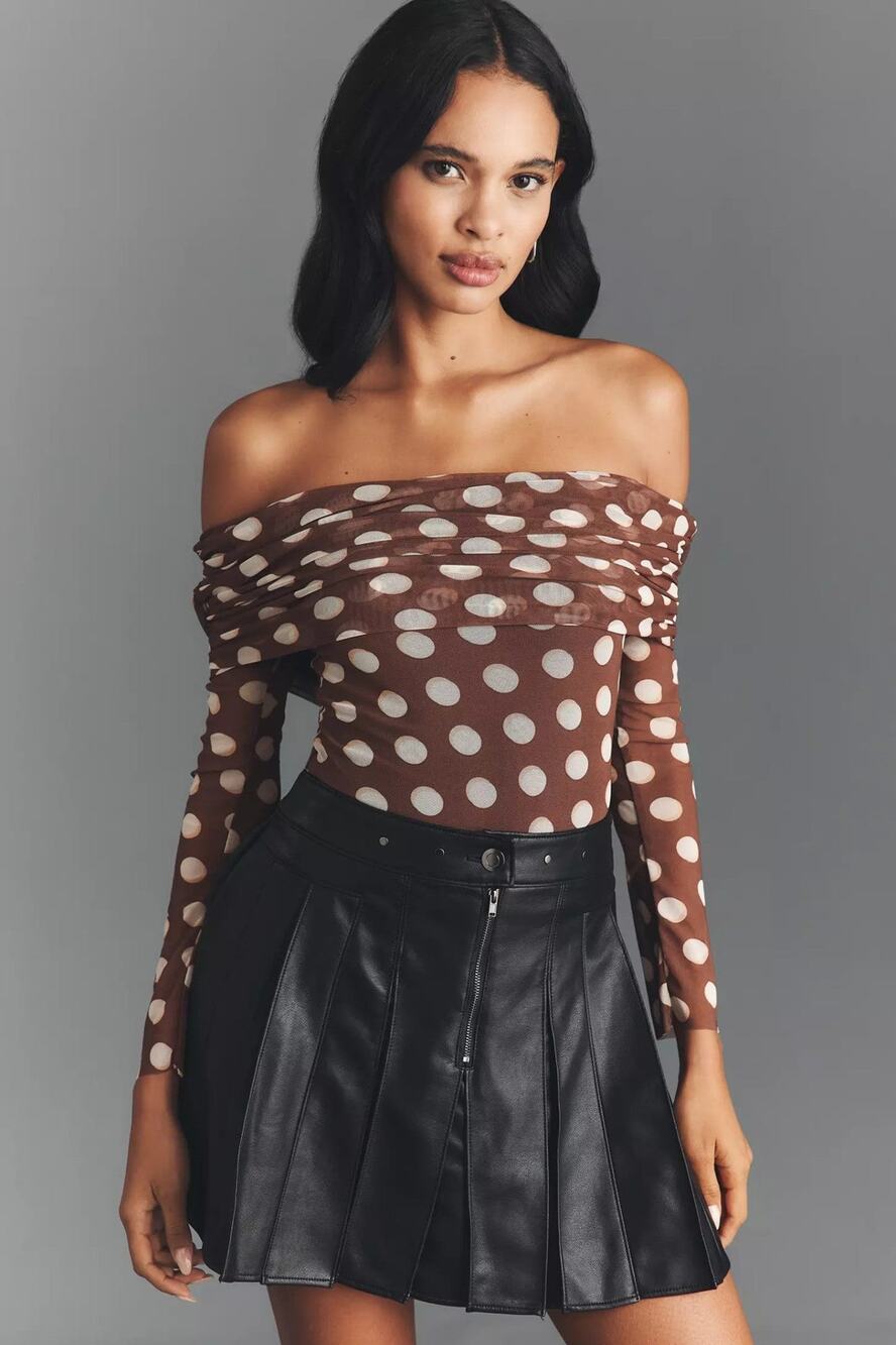AFRM Maxine Off-Shoulder Bodysuit - XS - Chocolate Halo Dot
